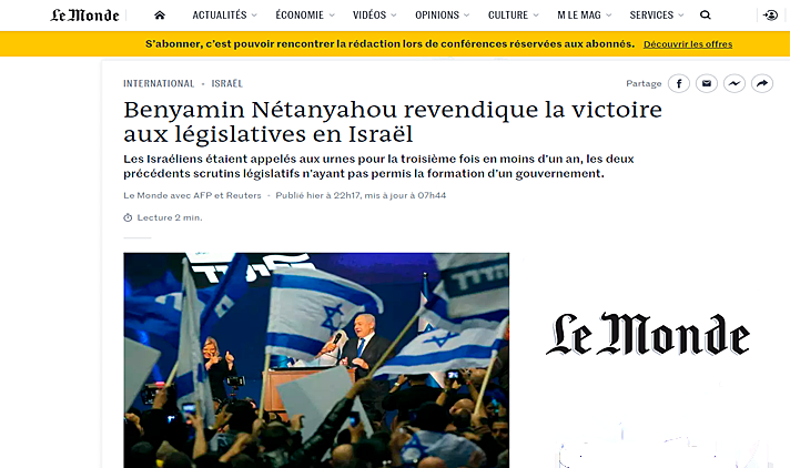 עיתון לה מונד על הניצחון של בנימין נתניהו בבחירות 2020