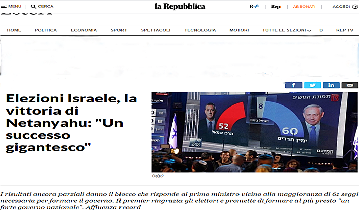 עיתון לה רפובליקה על הניצחון של בנימין נתניהו בבחירות 2020
