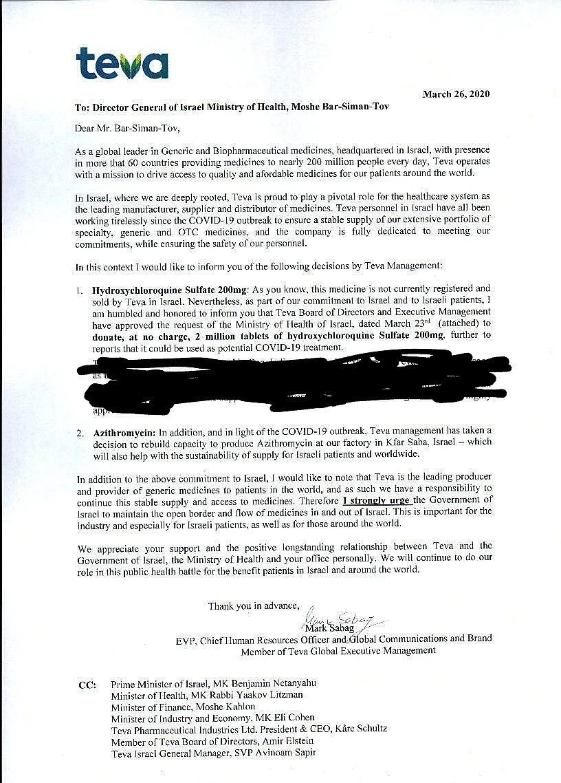 מכתב של טבע לממשלת ישראל: נתרום 2 מיליון טבליות של הידרוקסיכלורוקווין