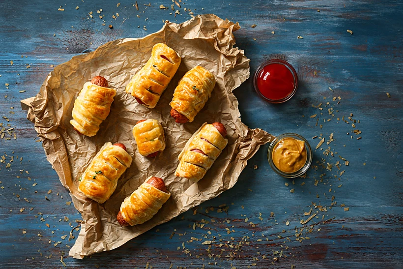 Delicious,sausage,rolls,on,wooden,table