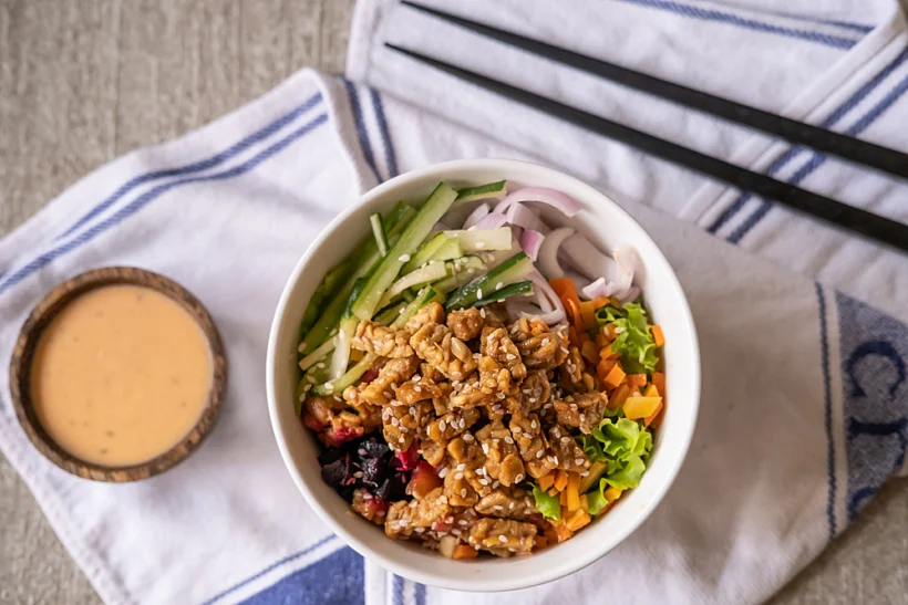 Healthy,organic,vegetarian,hawaiian,poke,bowl,with,tofu,,fermented,soybeans