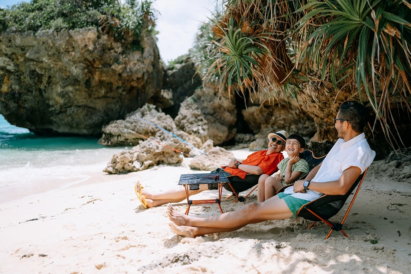 Three Generation Family Enjoying Beach Campsite, Okinawa, Japan