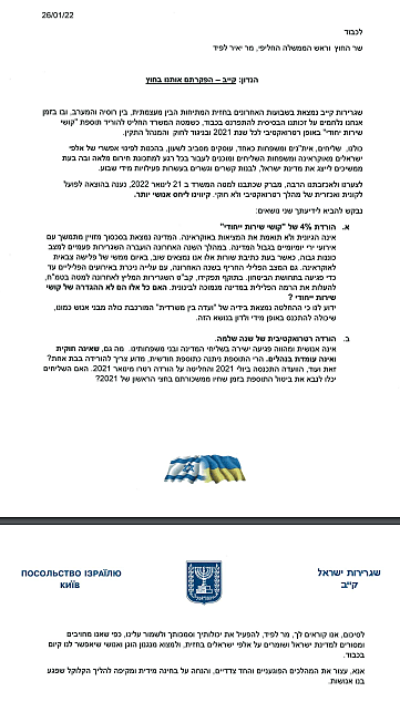 מכתב משגרירות ישראל בקייב לשר החוץ