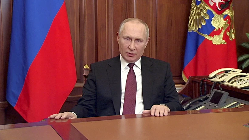 Russian President Vladimir Putin Delivers A Video Address In Moscow