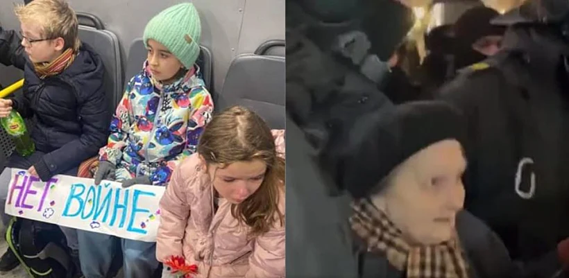 מימין: ילנה אוסיפובה, מפגינה בת 77. משמאל: סוניה ודוד בני ה-7 במעצר