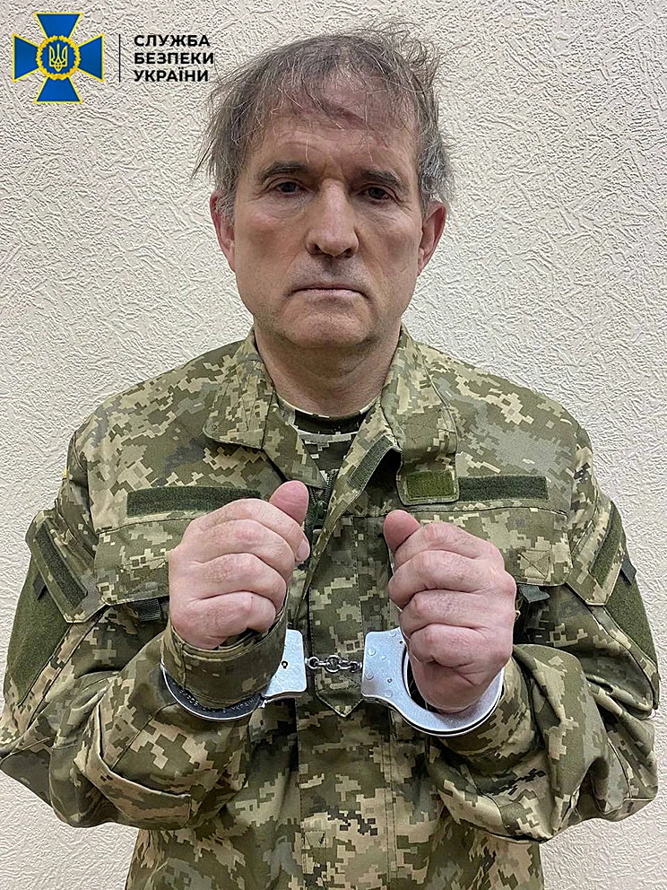 Pro Russian Ukrainian Politician Viktor Medvedchuk Is Seen In Handcuffs While Being Detained By Security Forces In Unknown Location In Ukraine