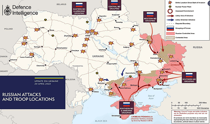 מפת השליטה הרוסית באוקראינה על פי המודיעין הבריטי