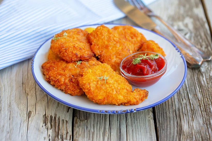 Little,chicken,schnitzel,on,beautiful,plate,with,ketchup.,on,wooden
