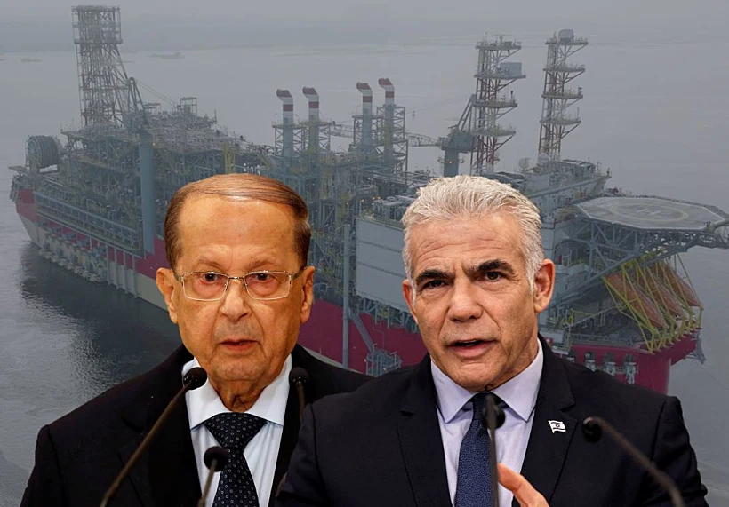 רה''מ לפיד ונשיא לבנון מישל עון על רקע אסדת הגז כריש