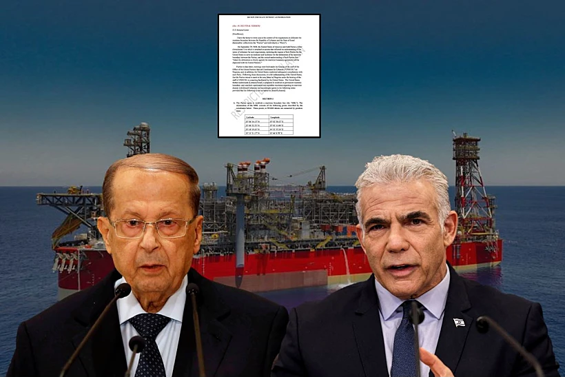 רה''מ לפיד ונשיא לבנון עון על רקע אסדת כריש