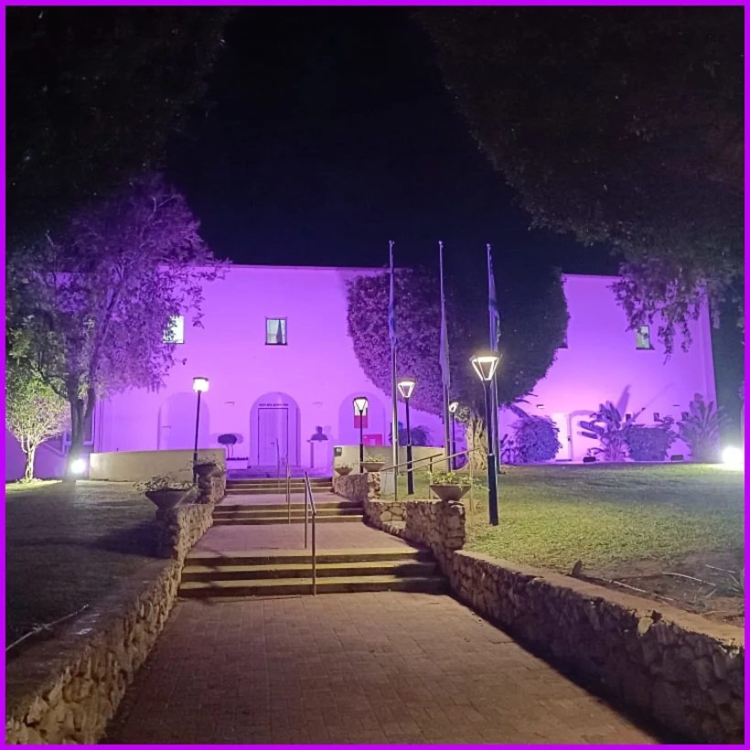 בניין מועצת כפר שמריהו מואר בסגול