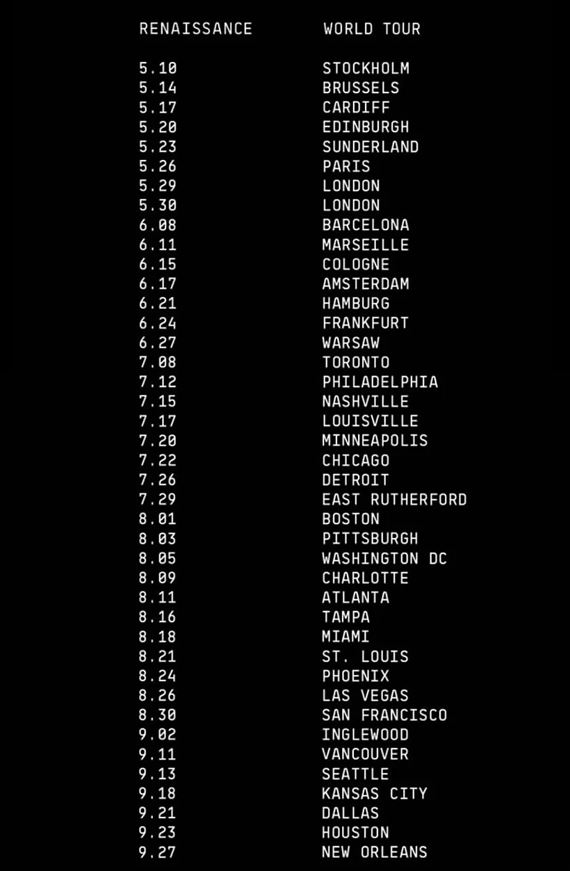 תאריכי סיבוב ההופעות של ביונסה רנסנס