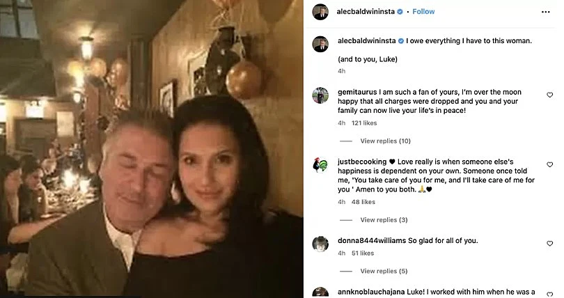 פוסט האינסטגרם בו מודה אלק בולדווין לאשתו ולעורך הדין שלו