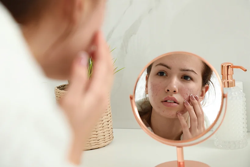 Teen,girl,applying,acne,healing,patch,using,mirror,indoors
