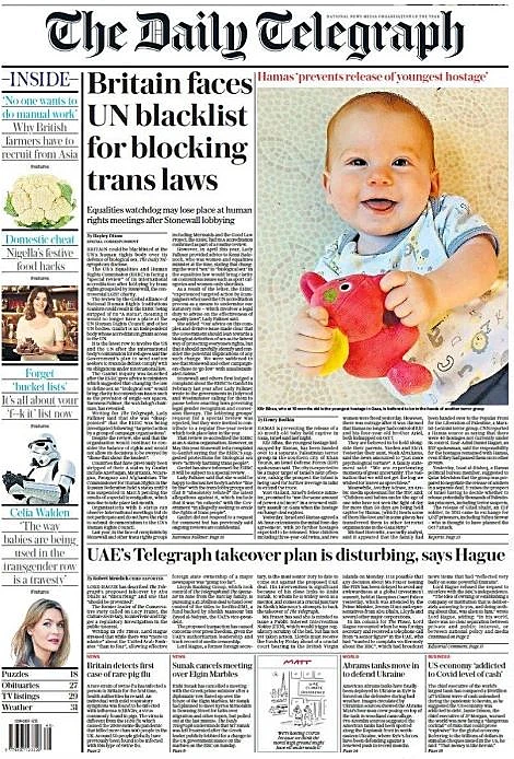 התינוק כפיר ביבס על שער הדיילי טלגרף הבריטי חרבות ברזל