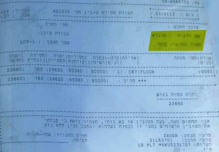 המסמך שמוכיח: ישראל מעבירה ישירות לאונר"א קמח ומוצרי מזון