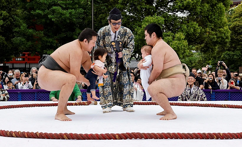 Babies Take Part In 'nakizumo' Or Baby Crying Sumo Contest At Senso Ji Temple In Tokyo