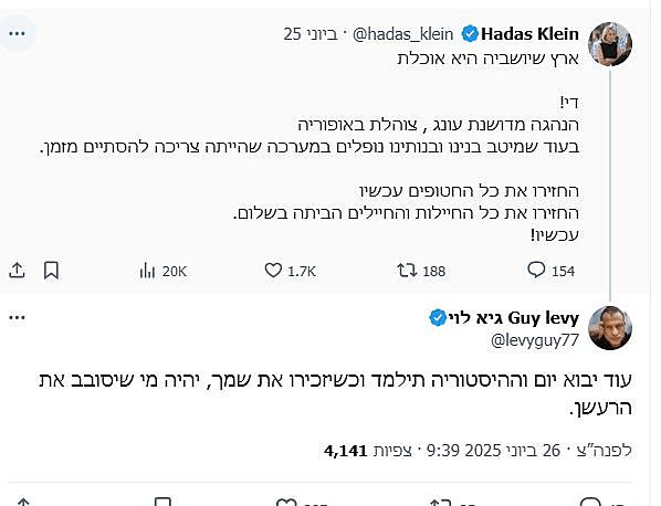 הציוץ של קליין ותגובת דובר הליכוד גיא לוי