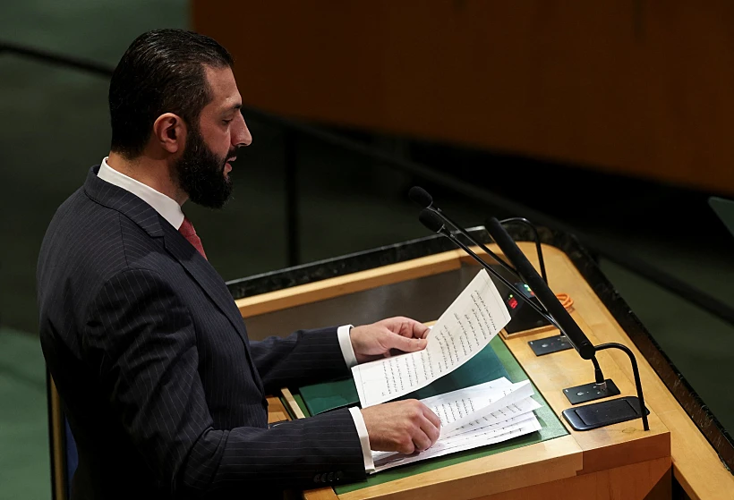 נשיא סוריה אחמד א-שרע (ג'ולאני) נואם בעצרת האו"ם