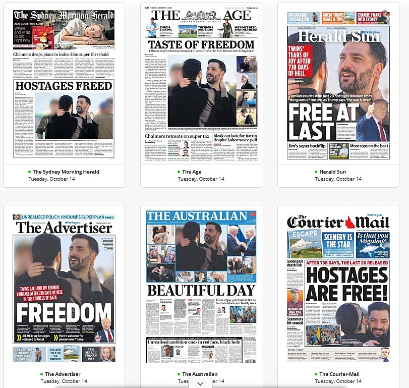 תמונת האחים גלי וזיו ברמן על עיתוני הבוקר באוסטרליה