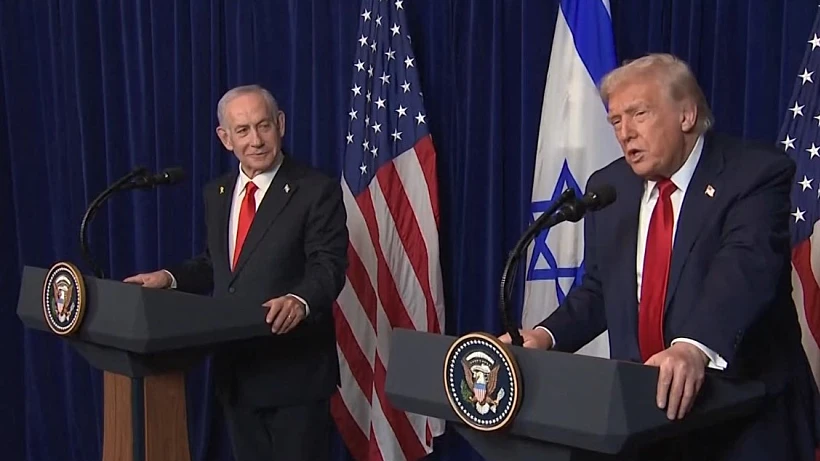 רה"מ נתניהו ונשיא ארה"ב דונלד טראמפ במסיבת עיתונאים במאר-א-לאגו