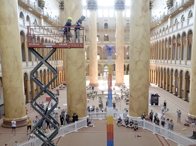 מגדל הדומינו הגבוה בעולם קרס לאחר שזרקו עליו בובה של סנאי