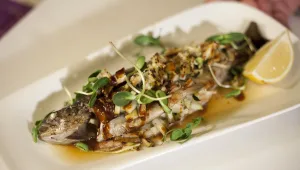 מתכון לפורל שלם בתנור עם תפוחי עץ וזעתר