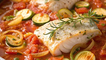 מחבת של דג ים ברוטב עגבניות שומר וזוקיני