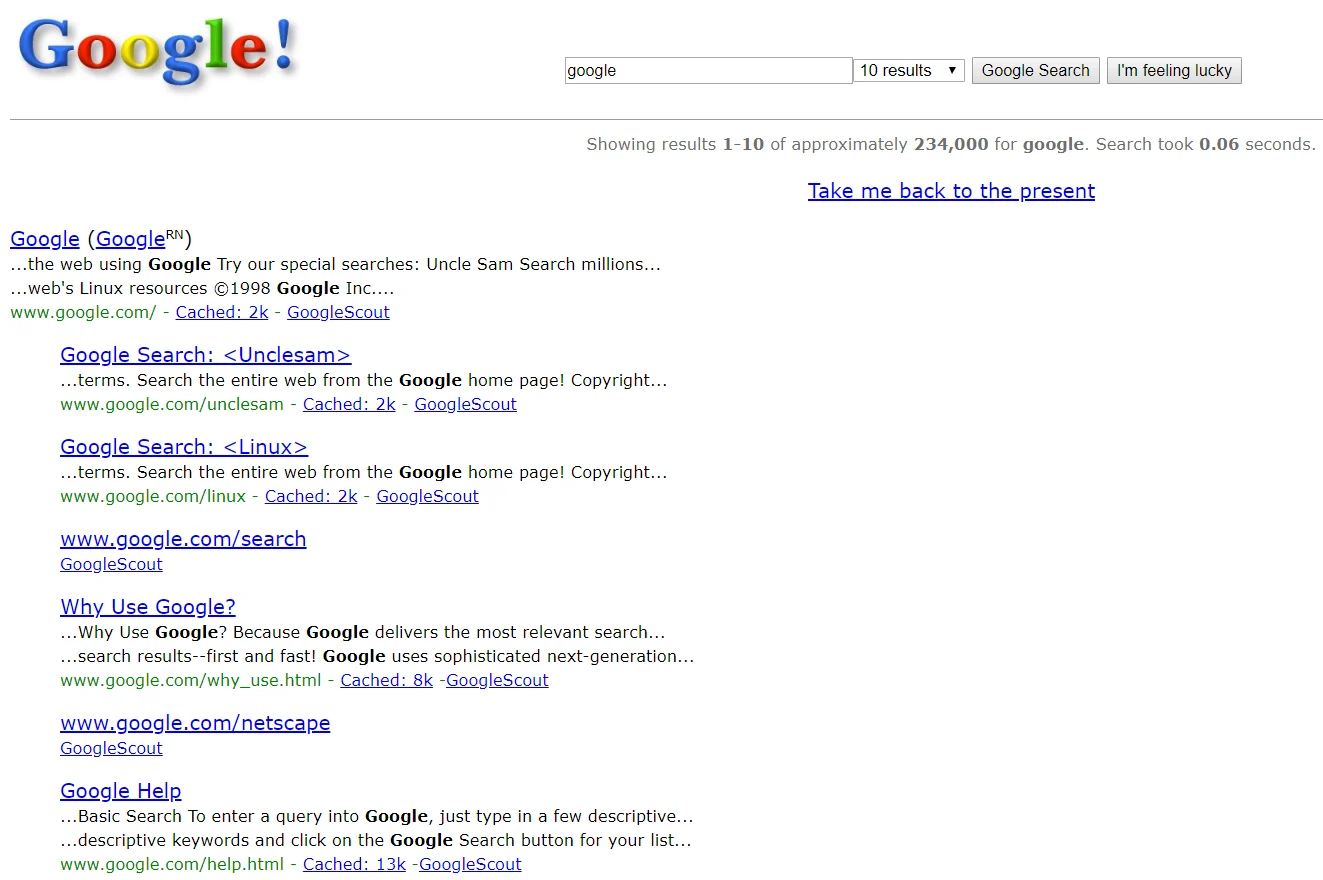 תוצאות החיפוש בגוגל 1998