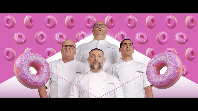 השפים יוסי שטרית, מושיק רוט, אסף גרניט וארז קומרובסקי מתוך הפרומו למשחקי השף קונדיטור
