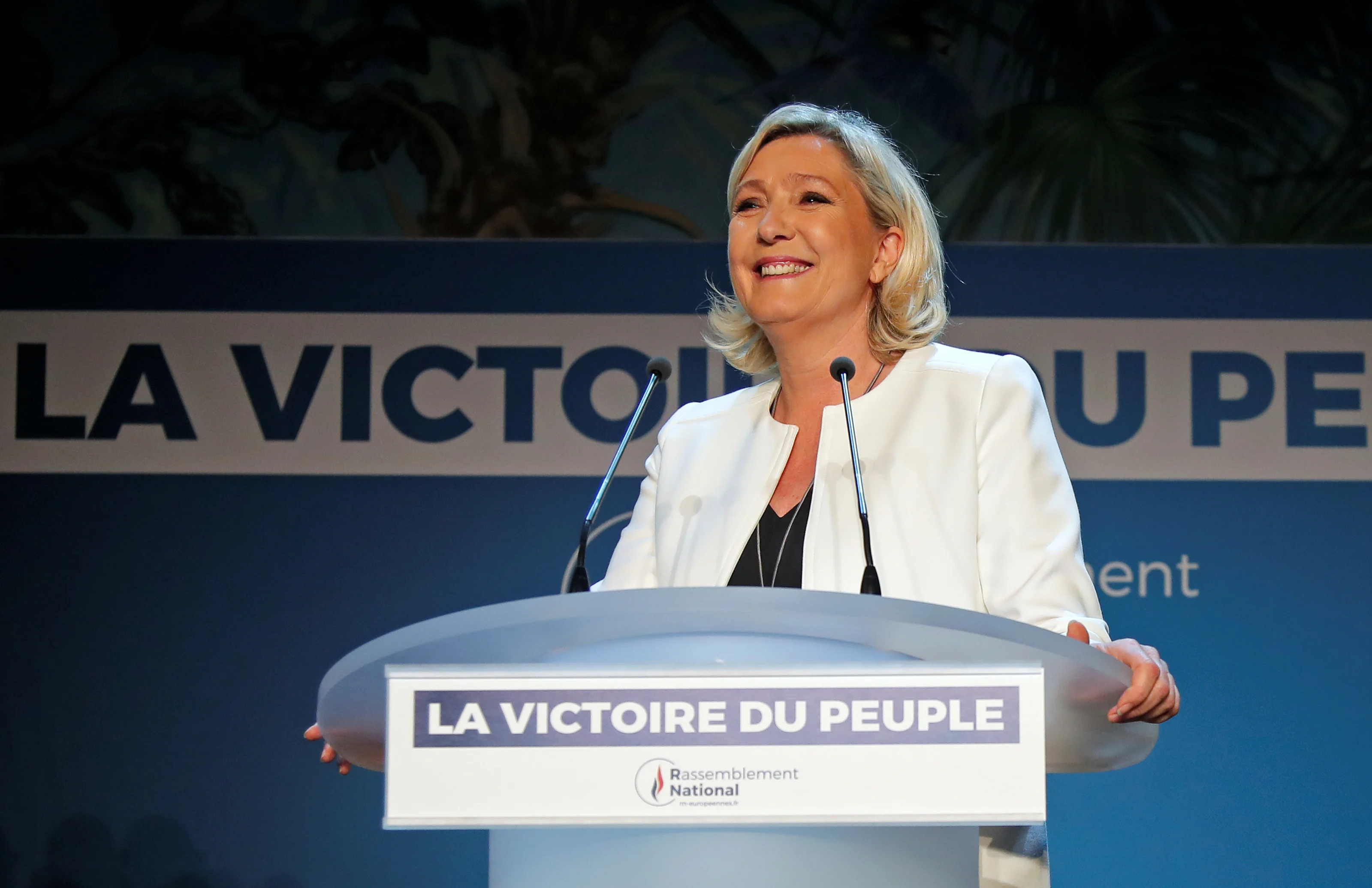 French Far Right National Rally (rassemblement National) Party Leader Marine Le Pen Reacts After The First Results In Paris