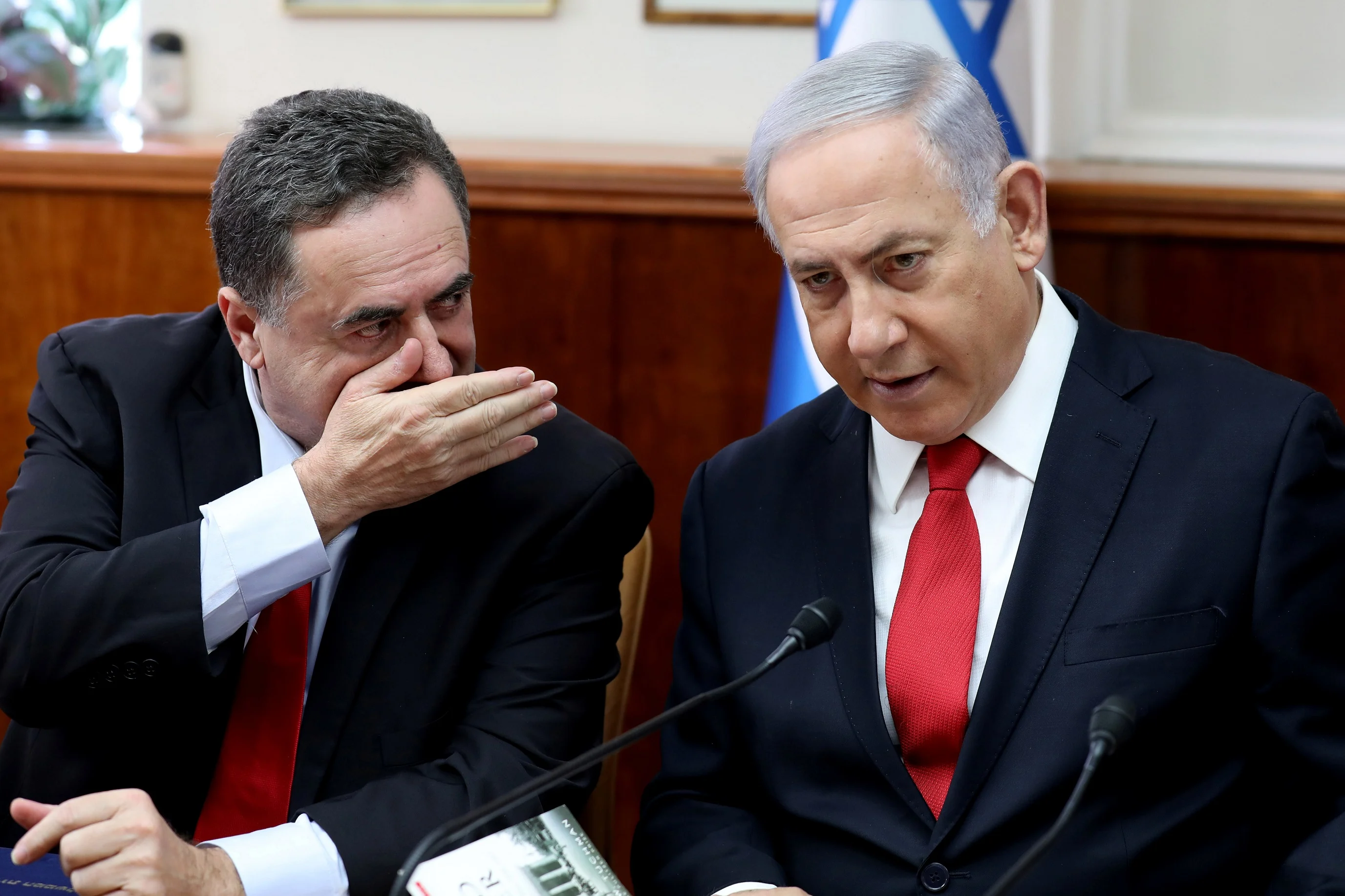 Israeli Prime Minister Benjamin Netanyahu Listens To Foreign Minister Israel Katz During The Weekly Cabinet Meeting In Jerusalem