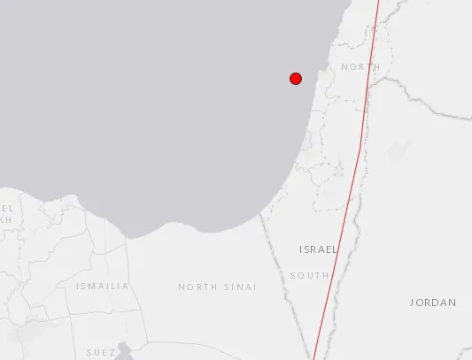מוקד רעידת האדמה בעוצמה 3.8 שהתרחשה מערבית לחופי ישראל