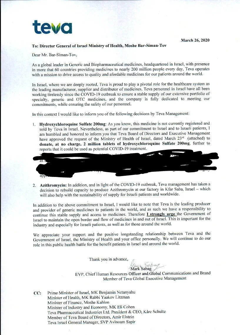 מכתב של טבע לממשלת ישראל: נתרום 2 מיליון טבליות של הידרוקסיכלורוקווין
