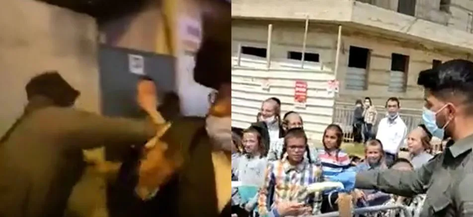 שוטר מחלק ארטיקים לילדים חרדים - אחר מכה מפגין בפניו