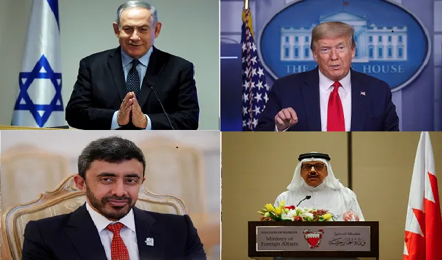 נשיא ארה''ב דונלד טראמפ, ראש הממשלה בנימין נתניהו, שר החוץ של איחוד האמירויות עבדאללה בן-זייד ושר החוץ של בחריין, עבד אל-לטיף אל-זיאני