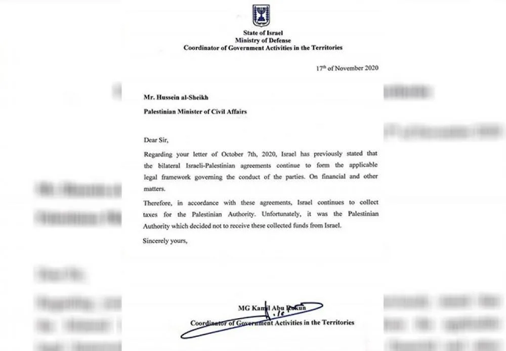 המכתב שקיבלו הפלסטינים לטענתם ממתאם פעולות הממשלה בשטחים