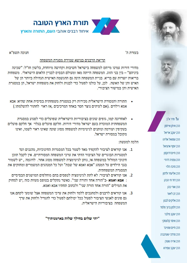 רבני הציונות הדתית נגד ''הורה 1'' ו''הורה 2''
