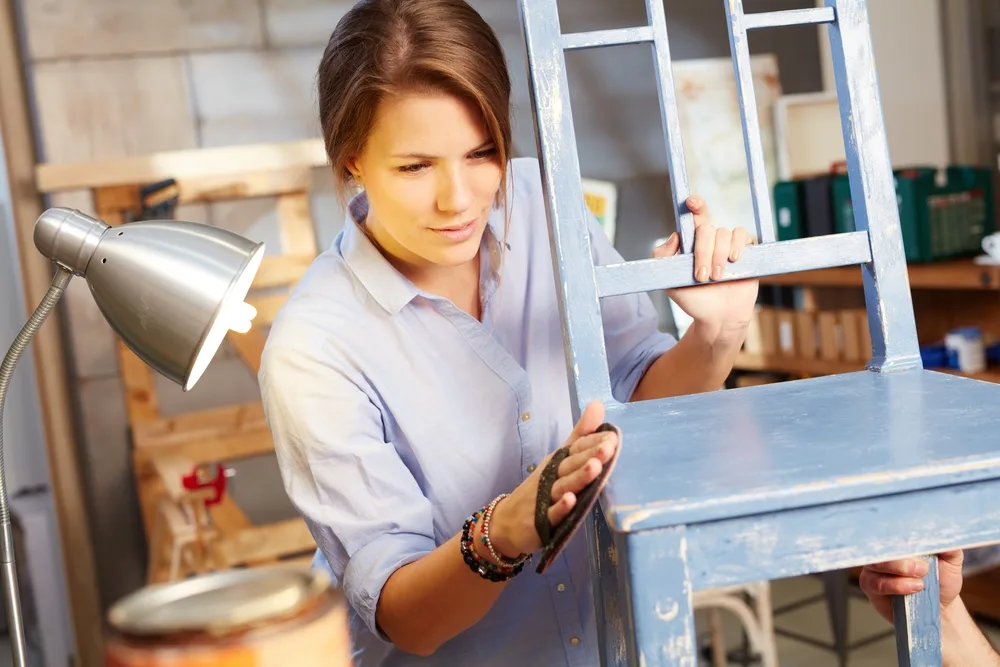 Young,woman,renewing,chair,,grinding.