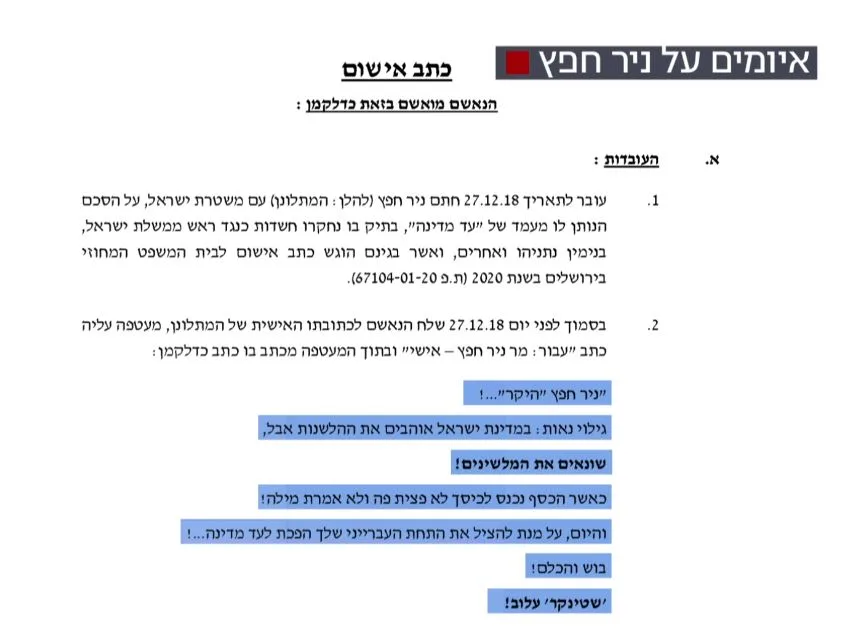 ניר חפץ, מכתב איום לעד מדינה