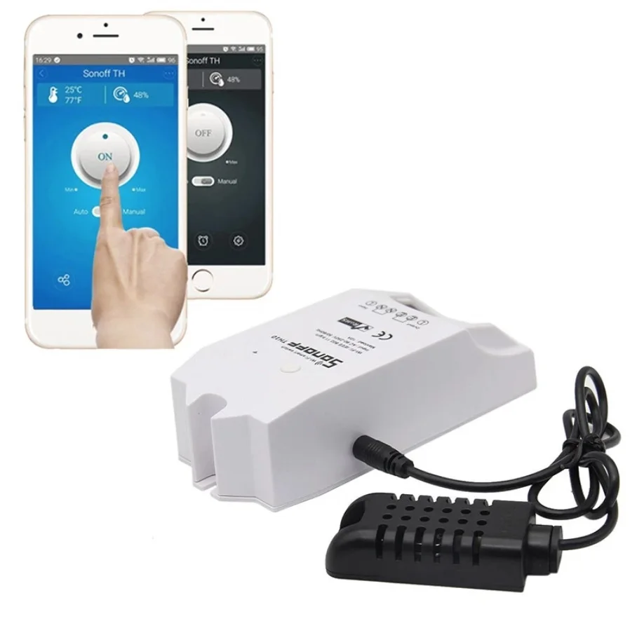 מפסק חכם מסוג sonoff th 16, לצד חיישן טמפרטורה ולחות של סיסטמס איי-אל