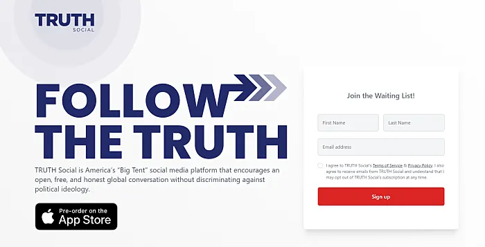 עמוד ההרשמה לרשת החברתית של טראמפ