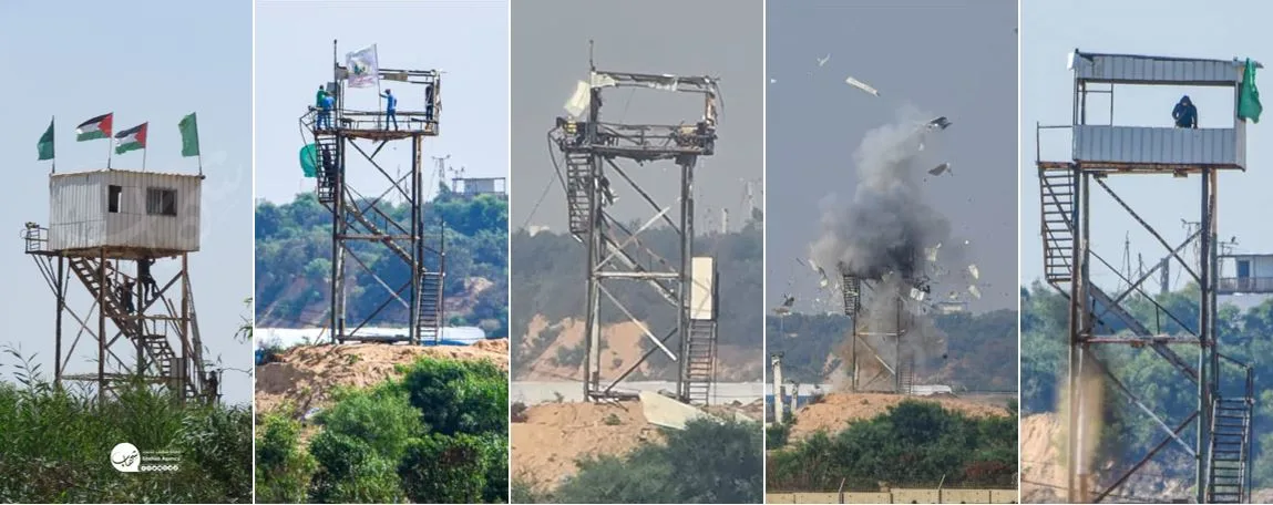 מימין לשמאל: לפני התקיפה, בזמן התקיפה, אחרי התקיפה, הנפת דגל חמאס על העמדה ובנייתה מחדש