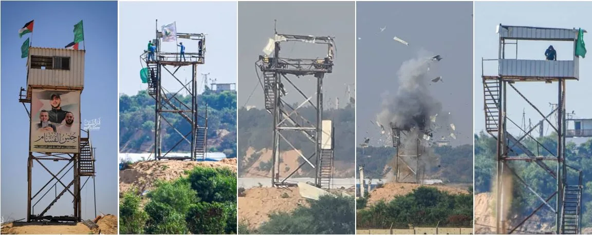 מימין לשמאל: עמדת חמאס באזור נתיב העשרה לפני התקיפה, בזמן התקיפה, אחרי התקיפה, הנפת דגל חמאס על העמדה ובנייתה מחדש