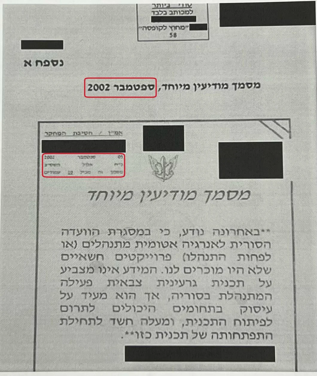 מסמך מודיעין מיוחד משנת 2002, בו נכתבת הערכה מודיעינית על כך שסוריה מנסה לקדם פרויקט אסטרטגי שטיבו טרם ידוע