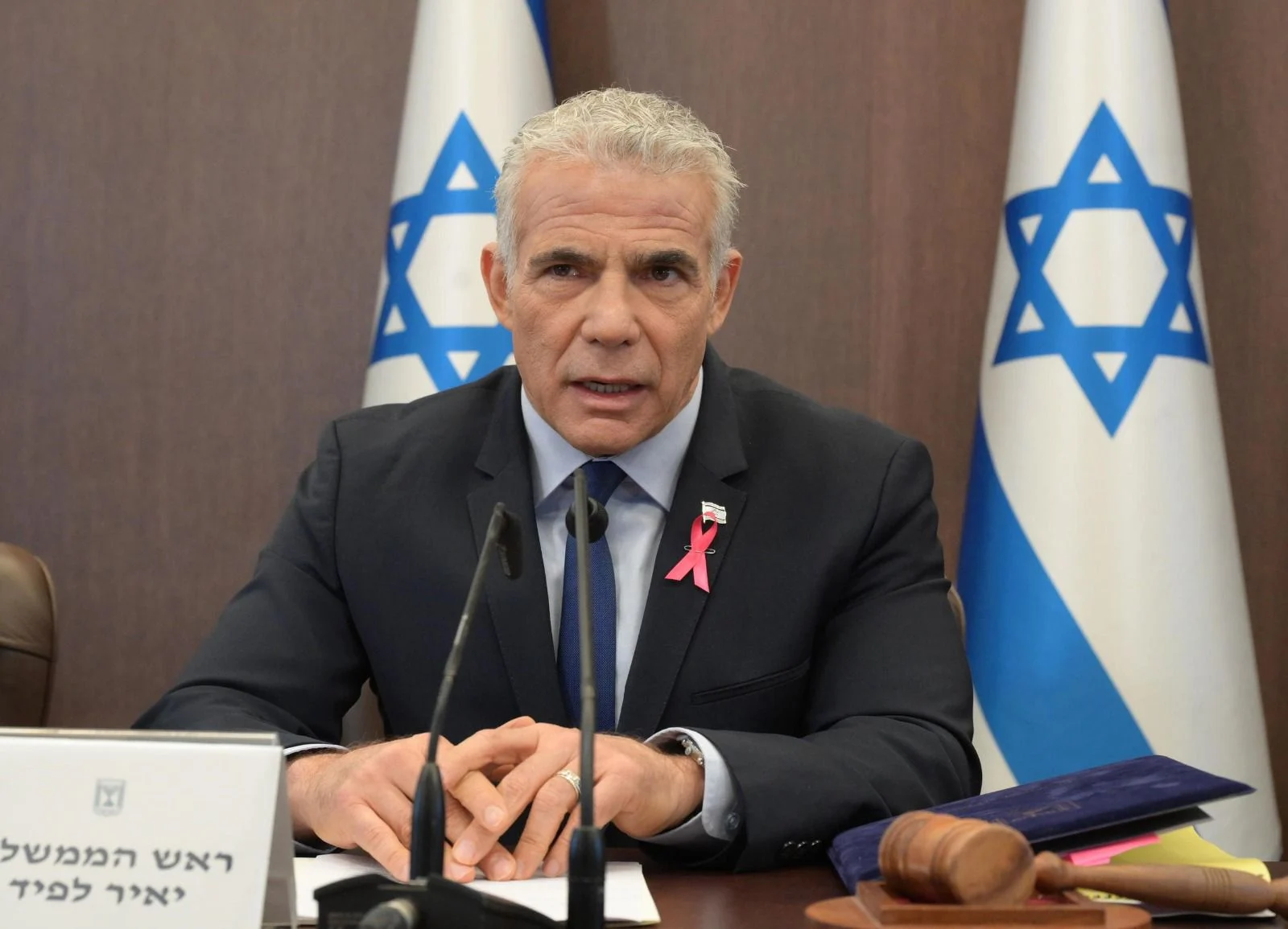 רה''מ יאיר לפיד בישיבת הממשלה, עונד סיכה לציון חודש המאבק בסרטן השד