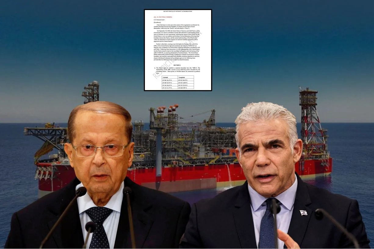 רה''מ לפיד ונשיא לבנון עון על רקע אסדת כריש