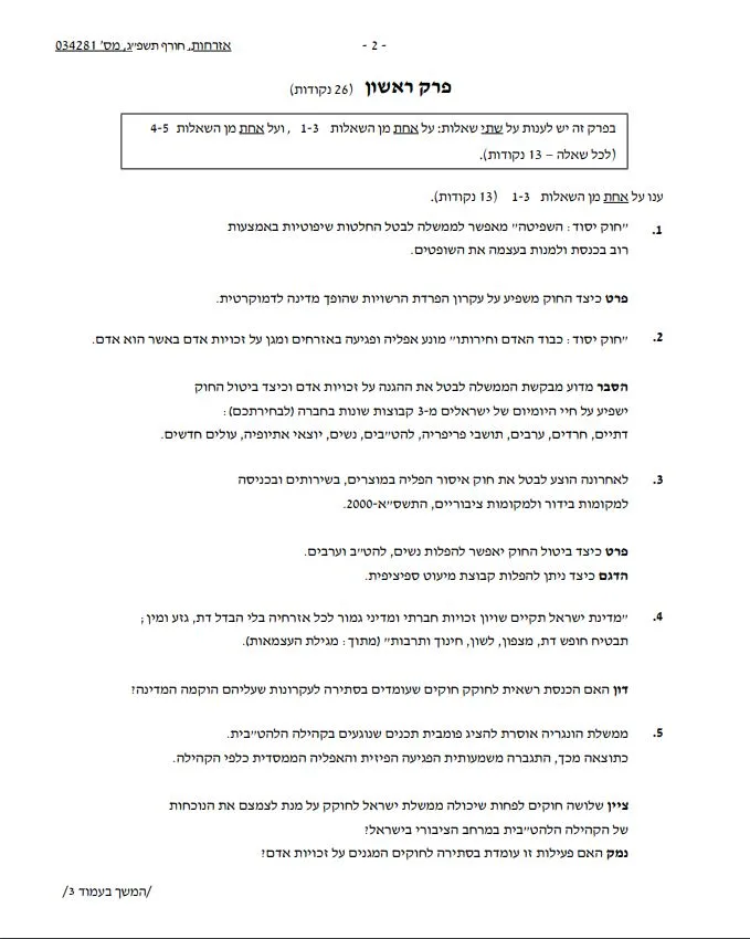 הפרק הראשון של שאלון בחינת הבגרות המזויפת באזרחות