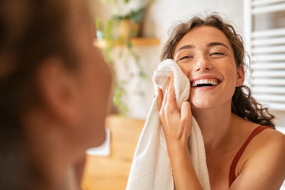 Young,woman,wiping,her,face,with,towel,after,waking,up