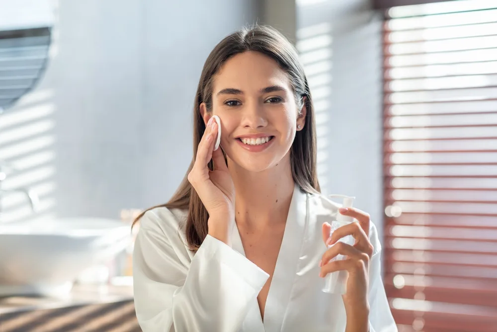 Attractive,young,woman,using,facial,toner,and,cotton,pad,for